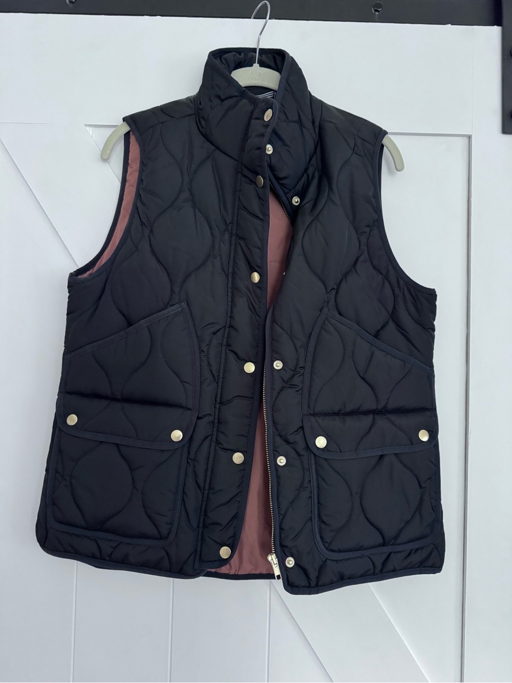 J. Crew Black Quilted Vest with Rose Interior